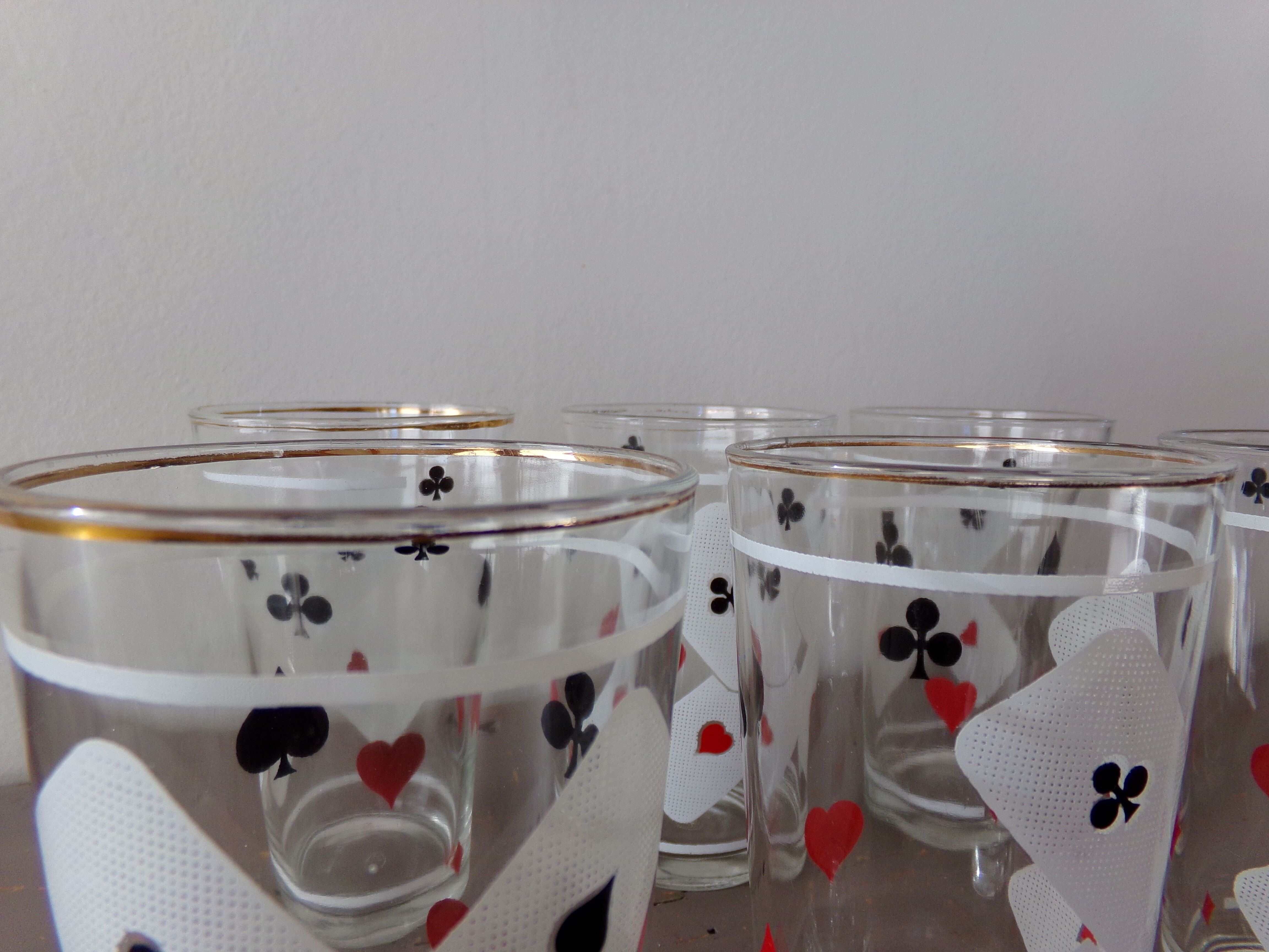 Lot of 6 glasses screen-printed vintage 60s card game