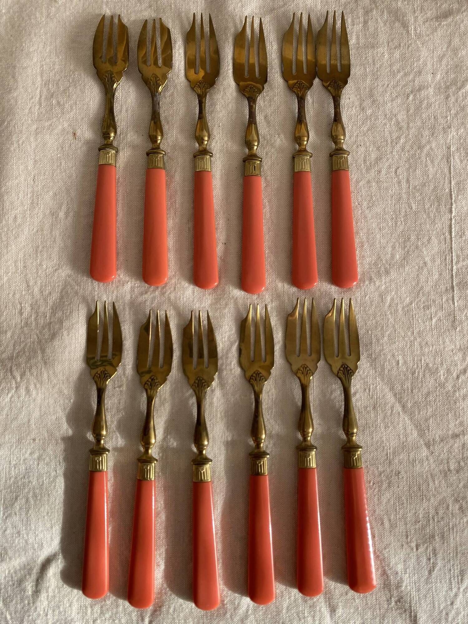 Set of 12 coral and gold dessert forks