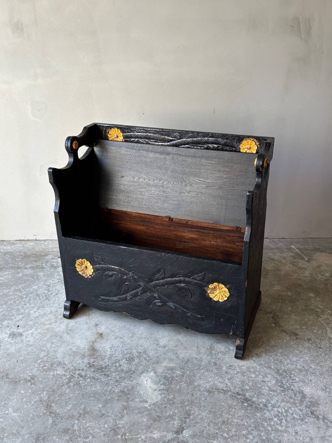 Vintage carved black storage bench – Folk art, early 20th century