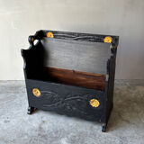 Banc-coffre vintage sculpté noir– Art populaire, début XXe