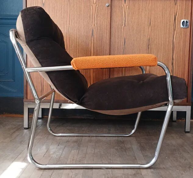 Fauteuil lounge style G.Lundgren pour Ikea, velours & tubes chromés 1970