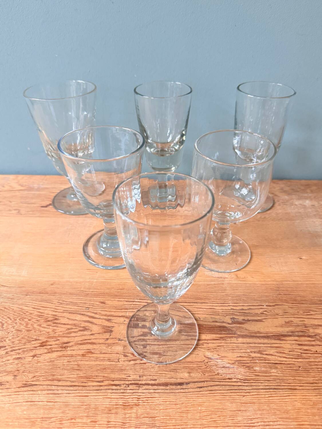 Set of 6 mismatched antique stemmed glasses