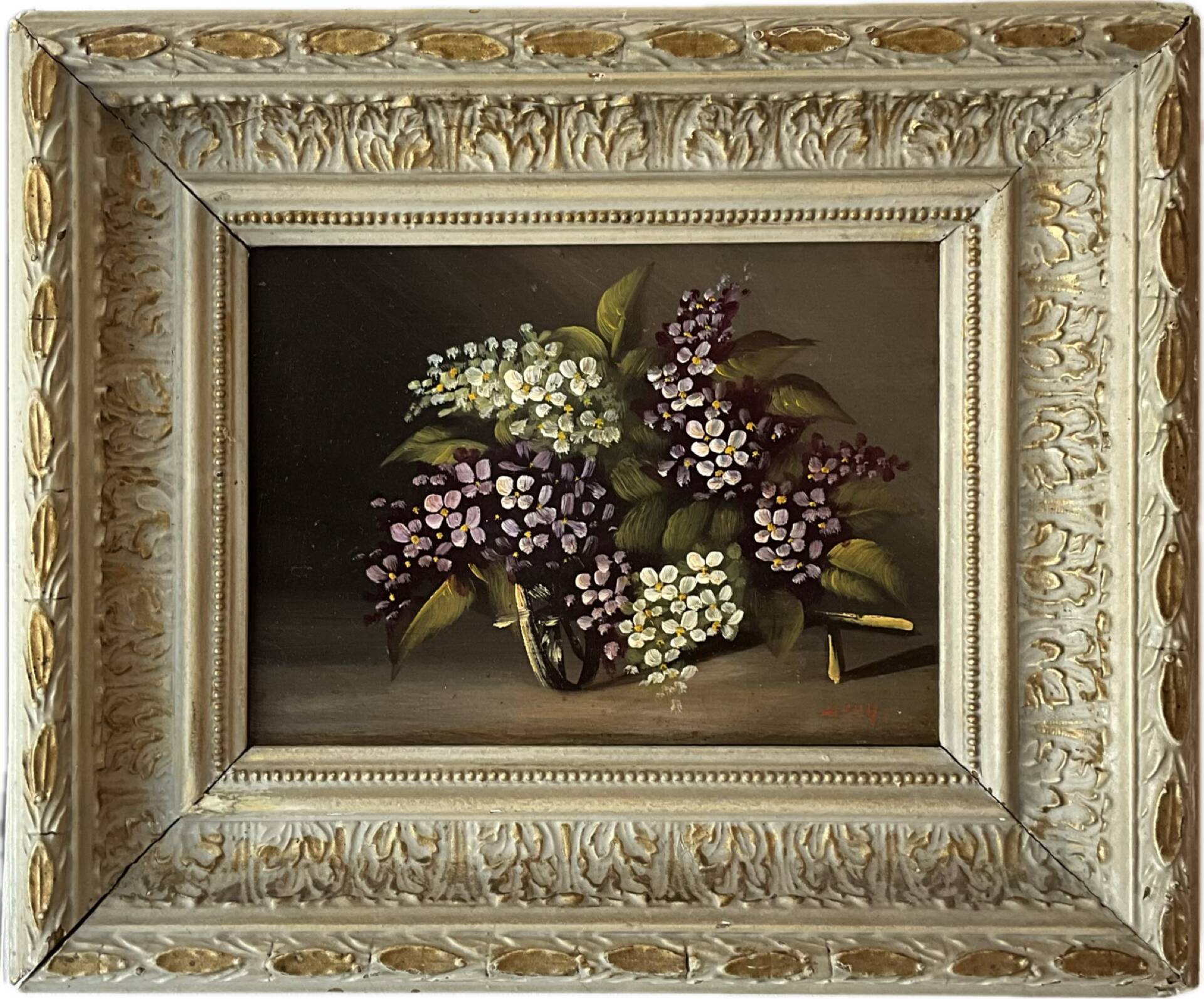 Huile sur panneau ancienne, bouquet de fleurs, cadre en bois sculpté d