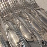 12 silver-plated metal table forks by Ercuis silversmiths, Mousseline pattern
