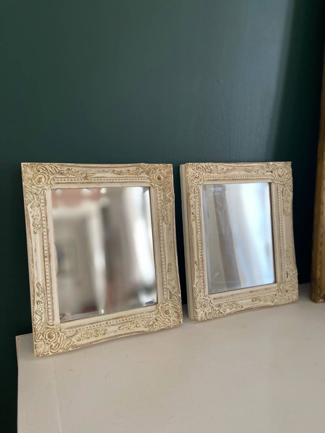 Set of two pretty mirrors in white, beige, and gold tones. Bohemian