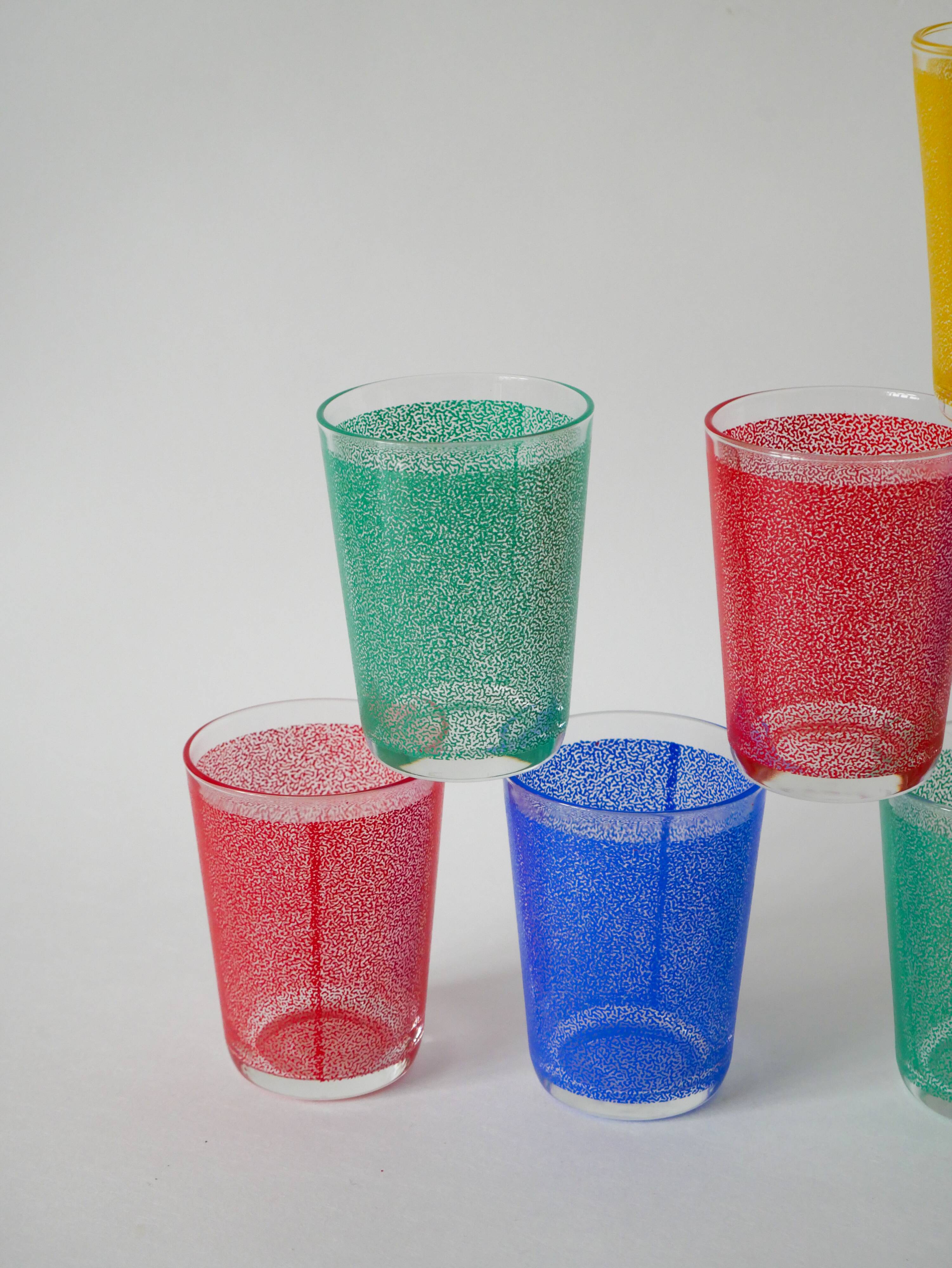 Set of 8 water glasses, red, green, yellow and blue, 1970
