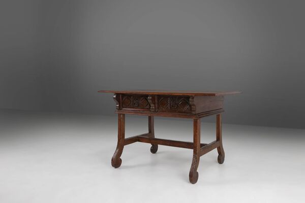 Table console espagnole ancienne en chêne avec tiroirs fabriqués à la main, 18ème siècle