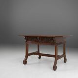 Table console espagnole ancienne en chêne avec tiroirs fabriqués à la main, 18ème siècle