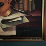 Oil on canvas still life with violin 20th century by A. Warner