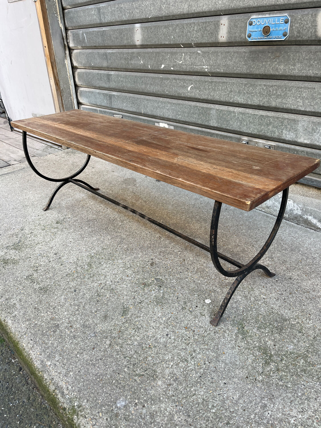Rustic oak wrought iron bench