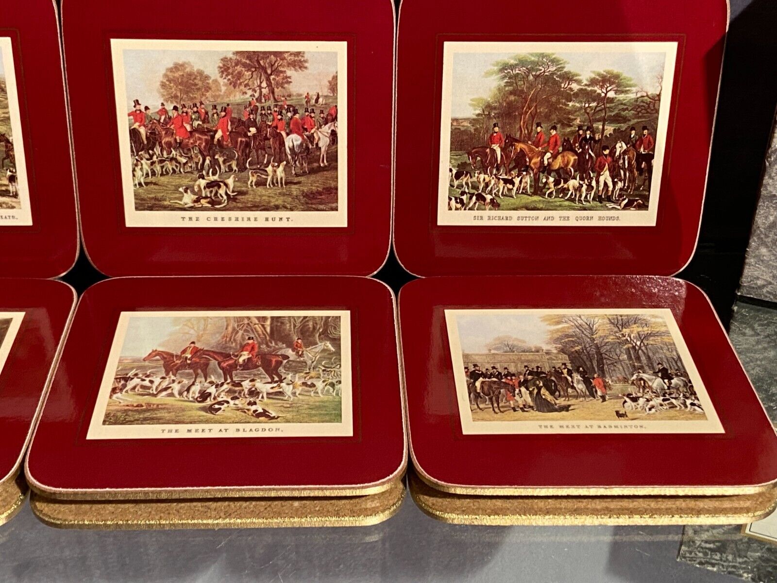 Suite de 6 dessous de verre en liège Clover Leaf décor scènes de chasse à courre