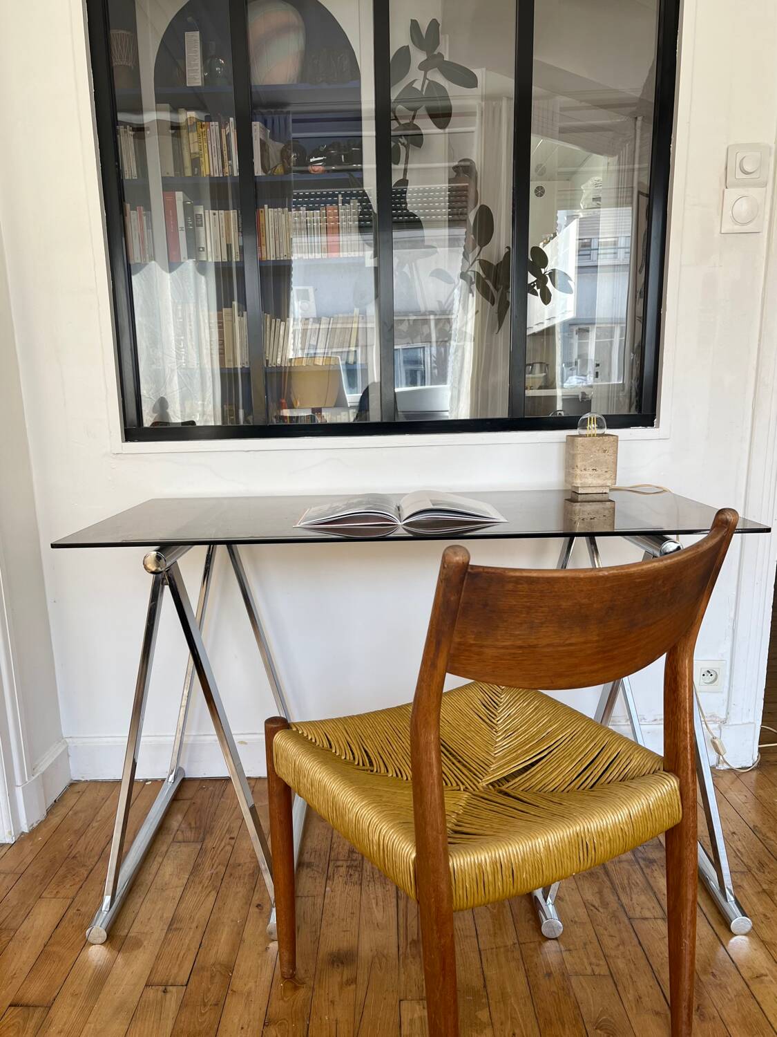 Smoked glass and chrome metal desk by Milo Baughman for Rochebobois