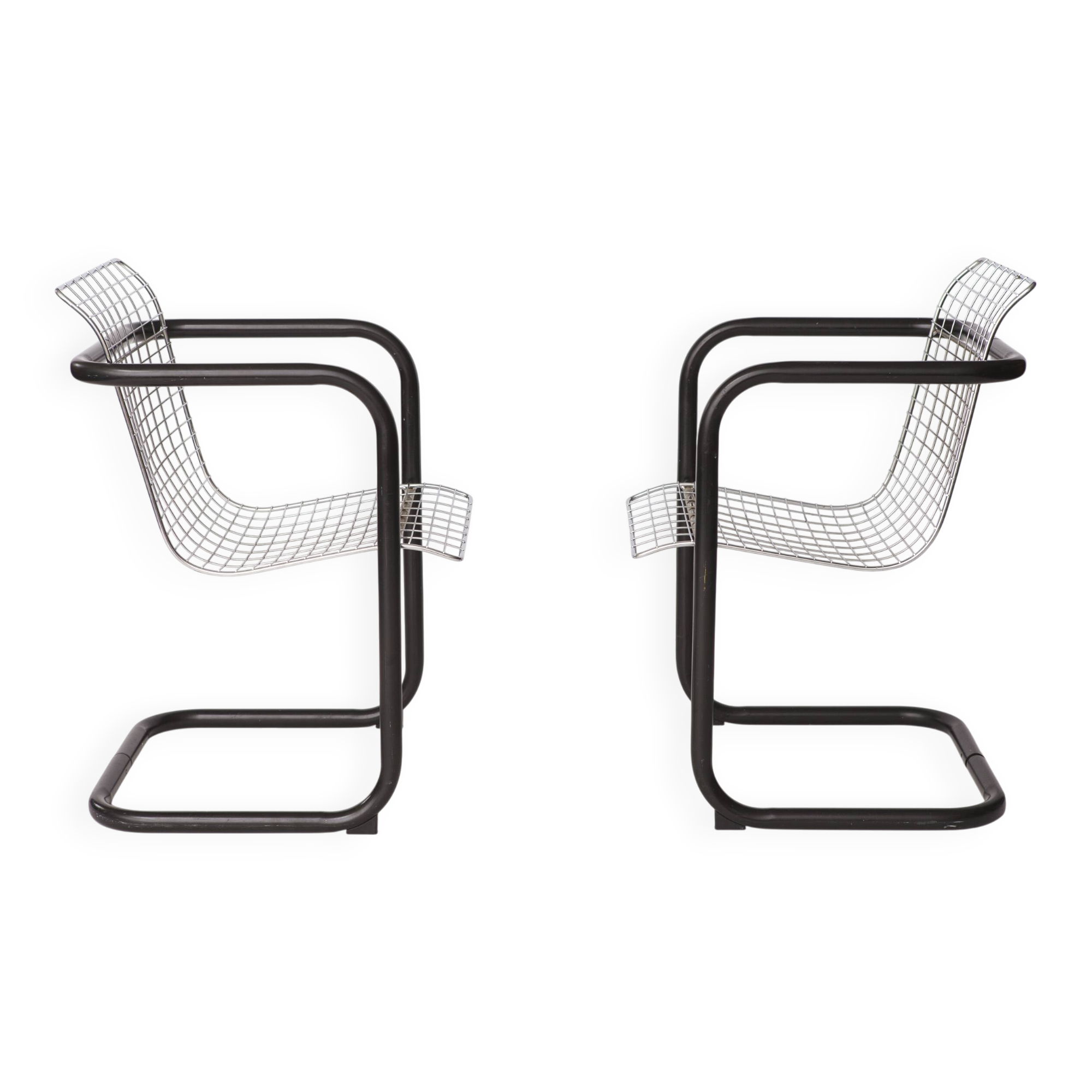 Pair of Vintage Metal Armchairs – Chrome Wire Mesh – Italy 1980s