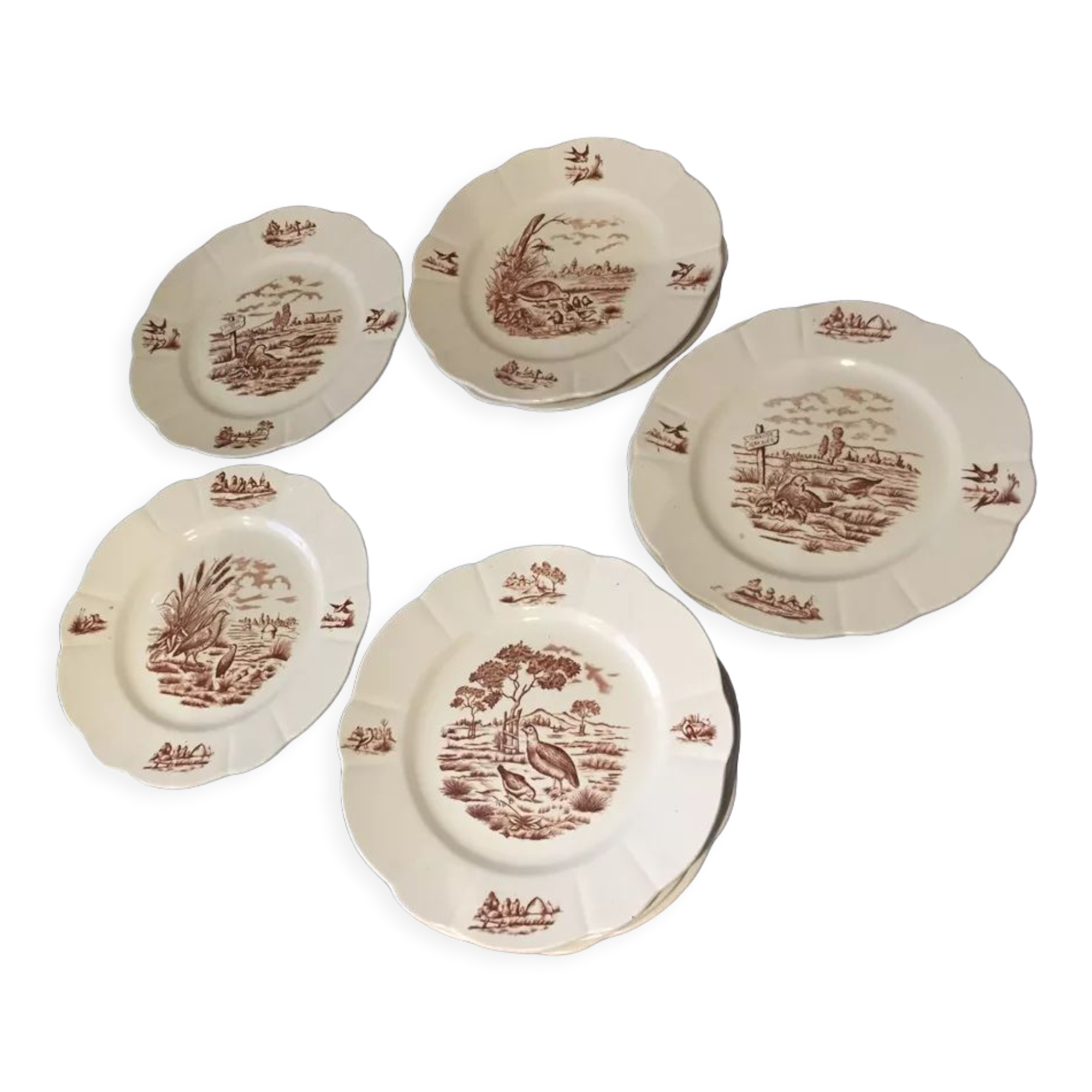 Suite of 9 flat plates in iron earth model burgundy longchamp decor hunting