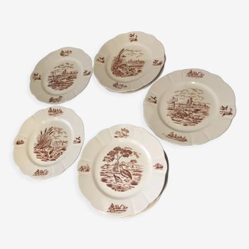 Suite de 9 assiettes plates en terre de fer modele bourgogne longchamp decor chasse