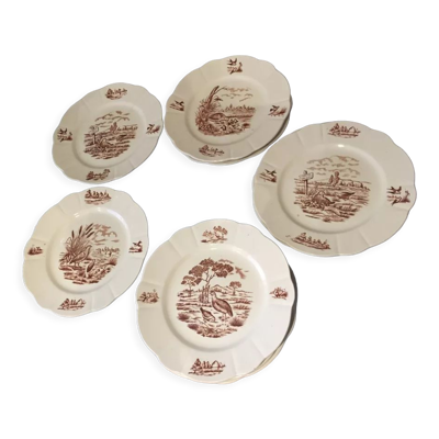 Suite de 9 assiettes plates en terre de fer modele bourgogne longchamp decor chasse
