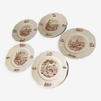 Suite of 9 flat plates in iron earth model burgundy longchamp decor hunting