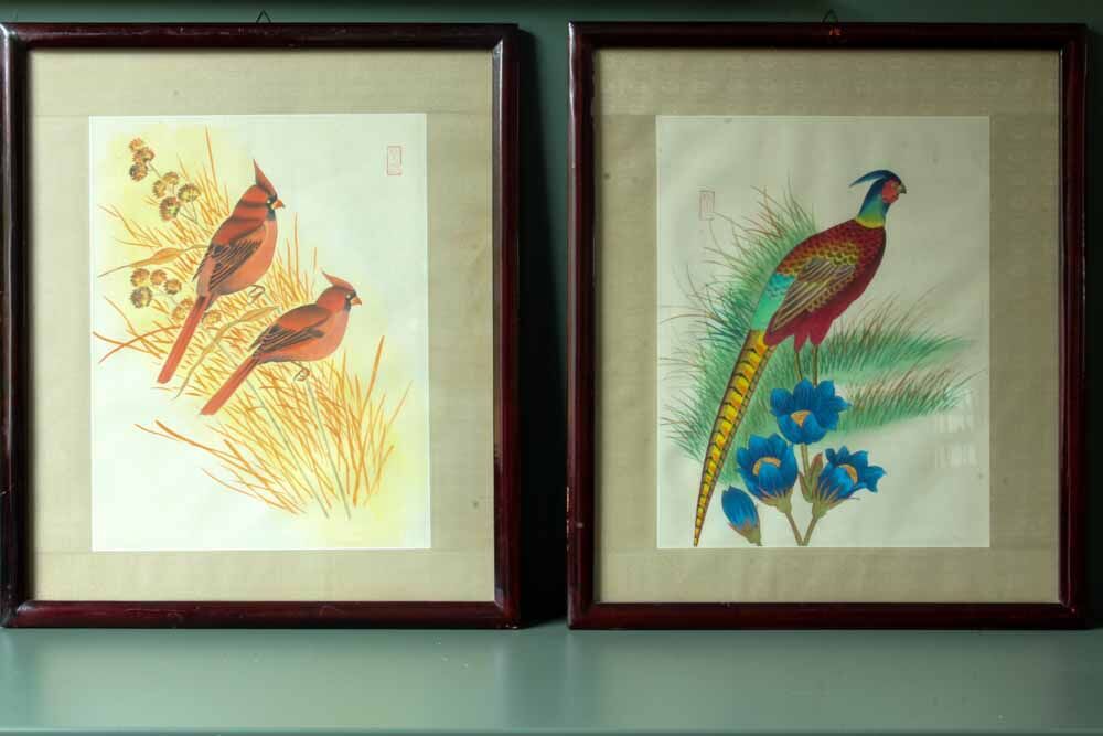 Antique asian painting on rice paper in high quality wood frames, c 1910s