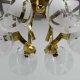 Lustre à 6 bras en laiton et verre, années 1980