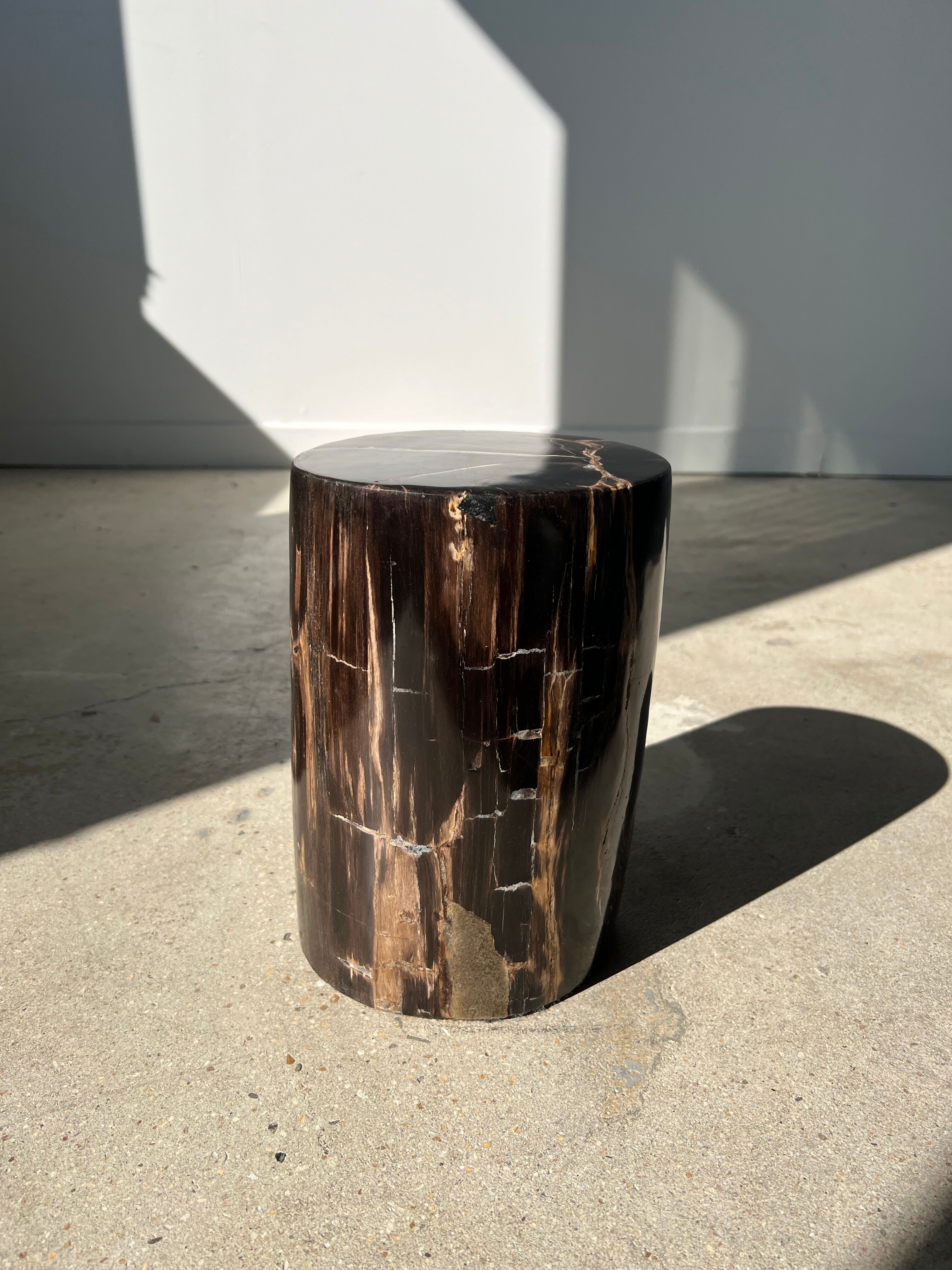 Side table in black petrified wood with light streaks h: 27,5cm d:18,5cm