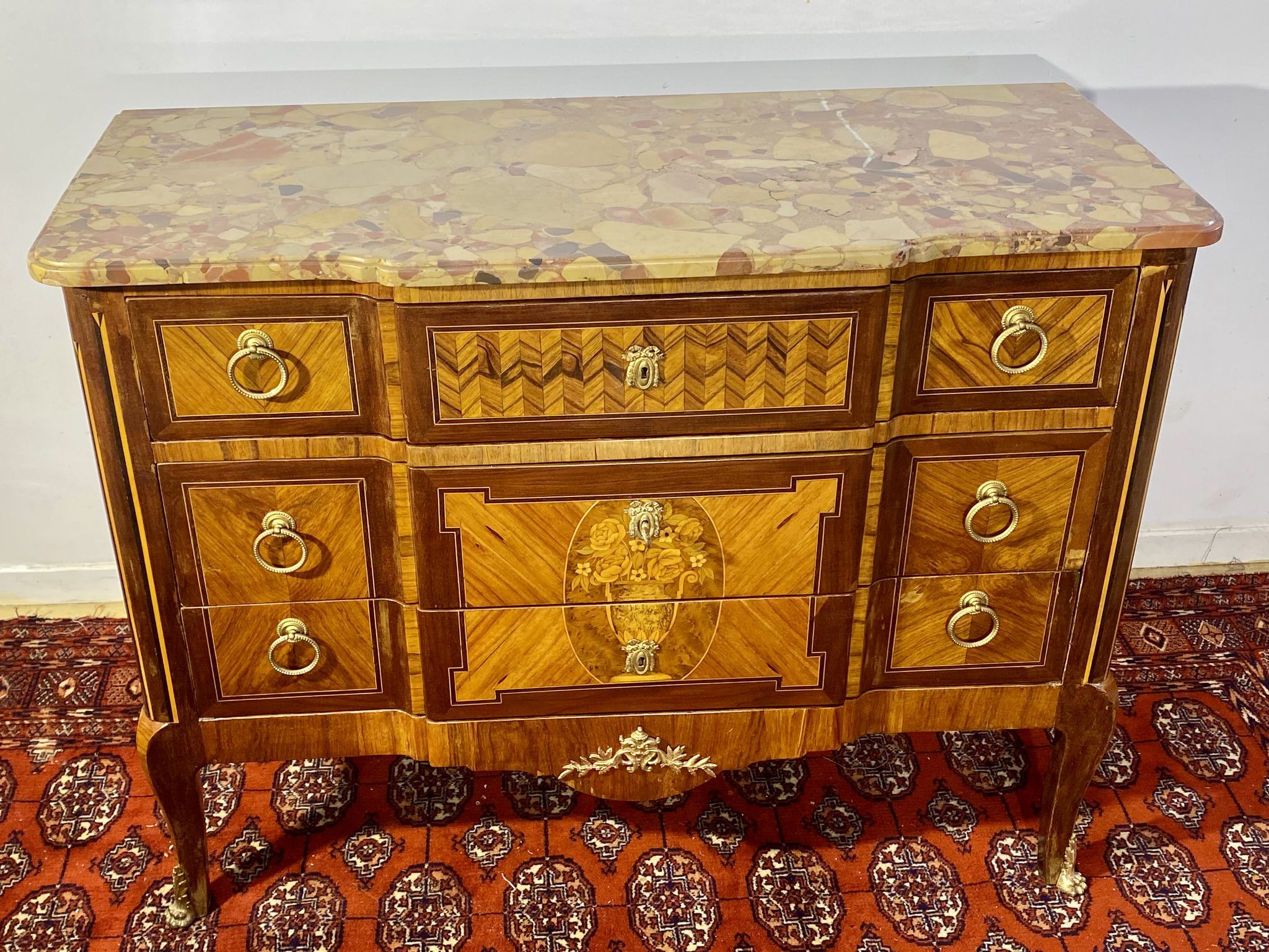 Chest of drawers Transition Style Louis XV marquetry and bronze