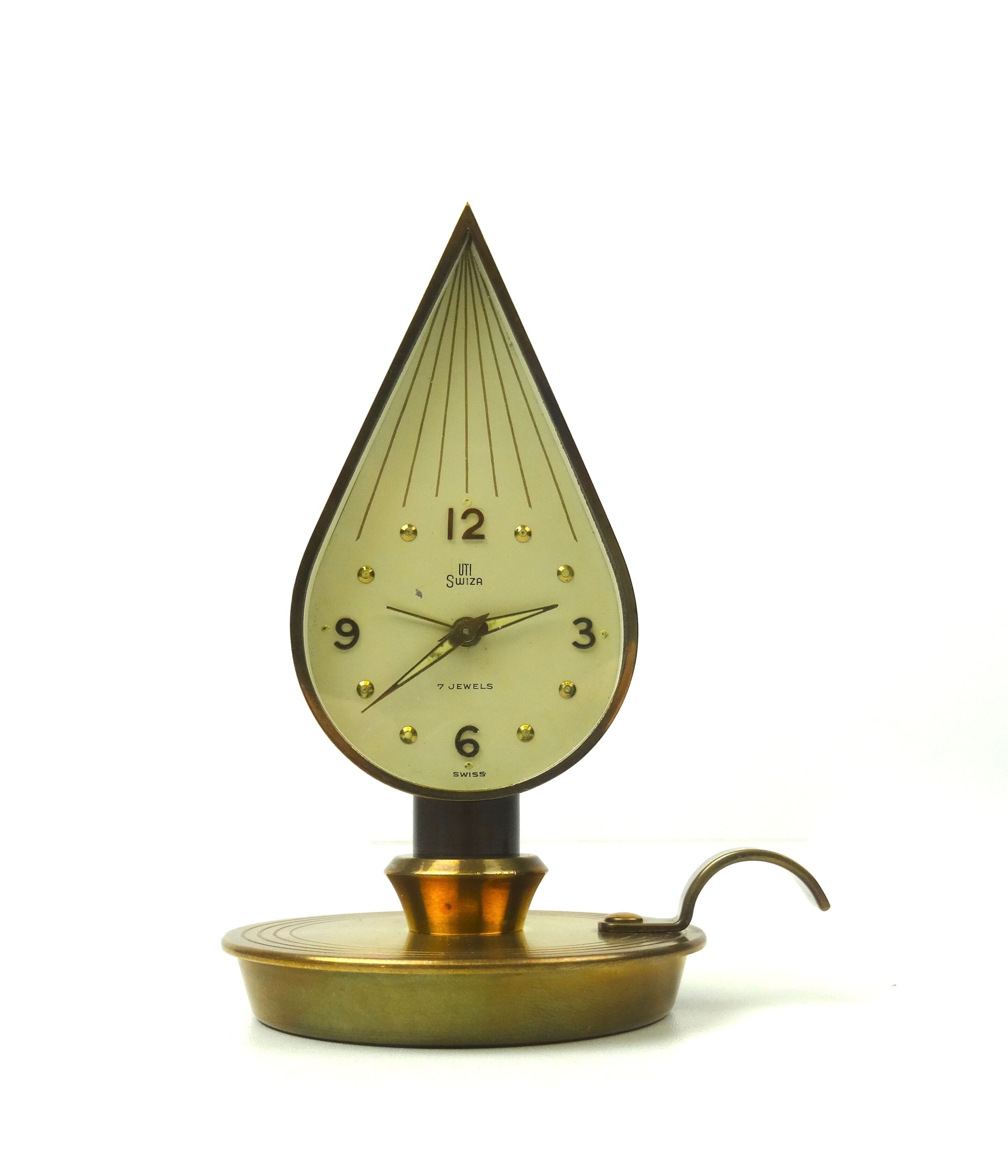 Lovely rare mid century Swiza brass candlelight shape desk clock Hollywood Regency Swiss 1950