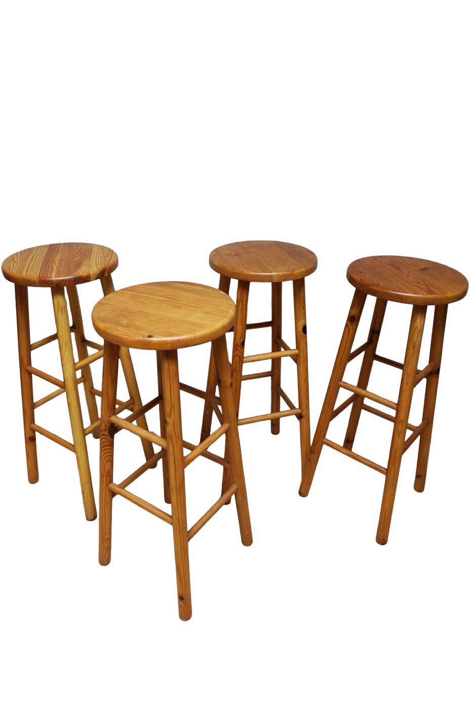 Set of 4 midcentury vintage high pine bar stools