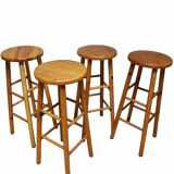Set of 4 midcentury vintage high pine bar stools