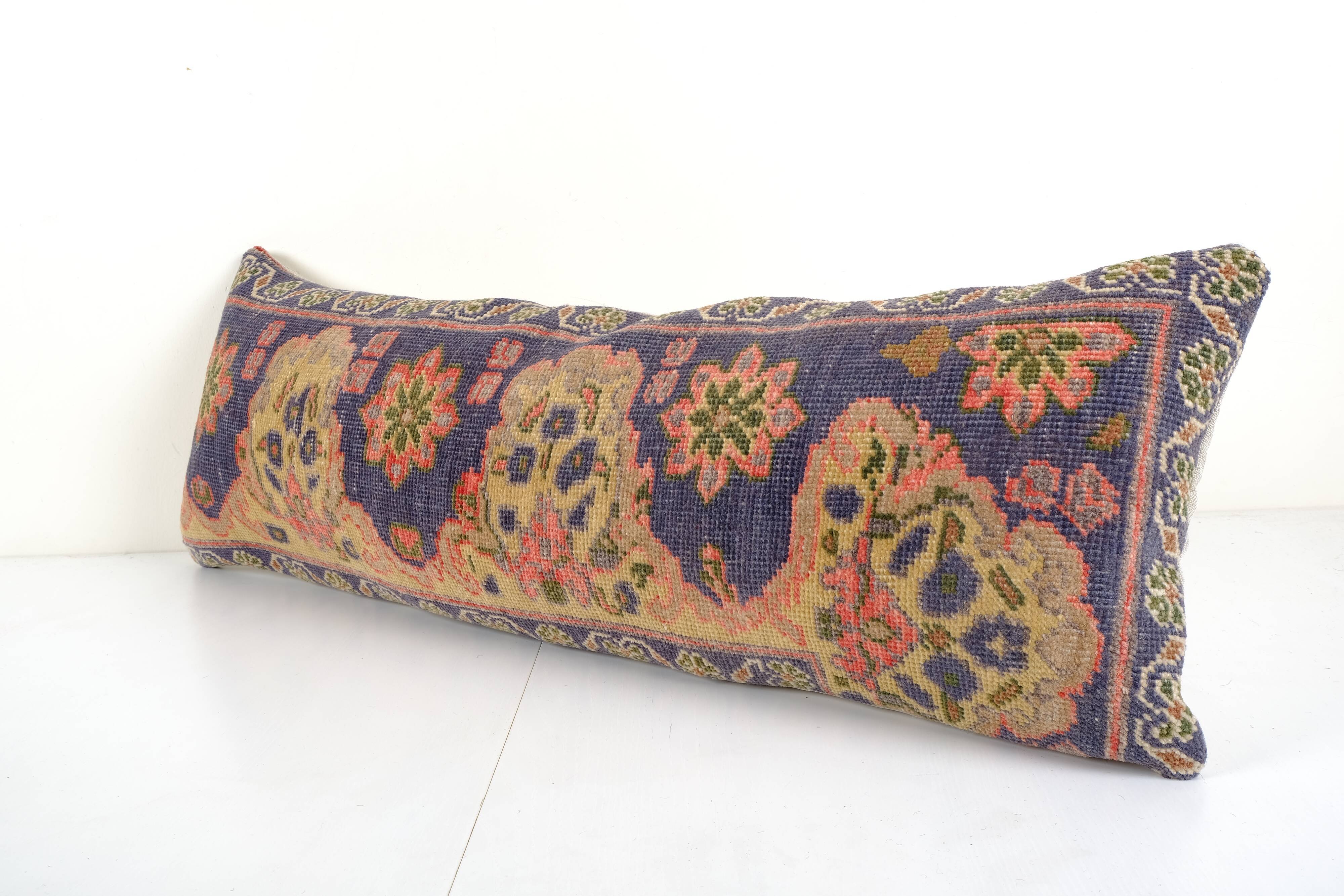 Turkish blue oushak rug pillow copper cover