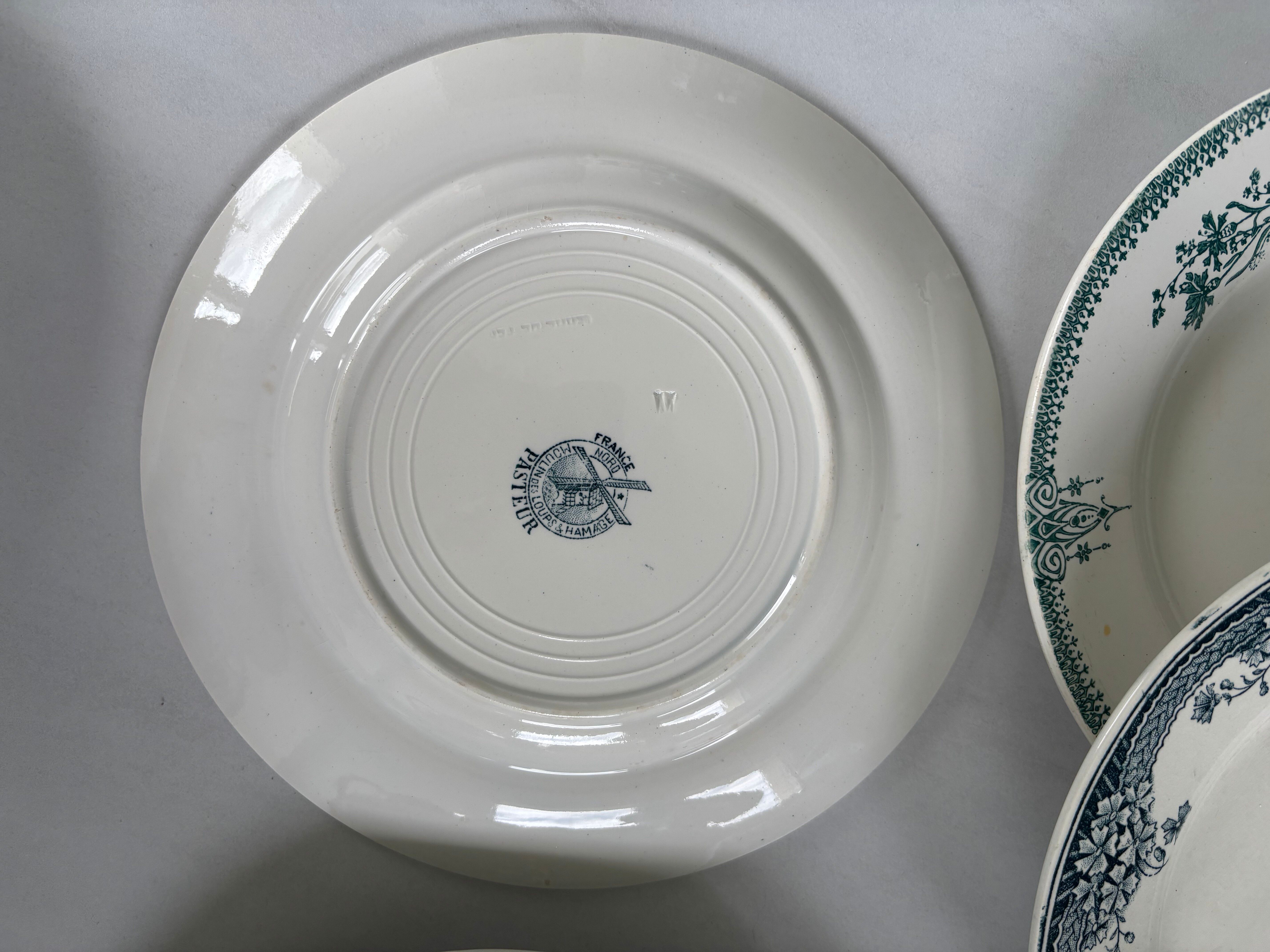 Lot 6 blue and green ironstone plates, antique French earthenware.
