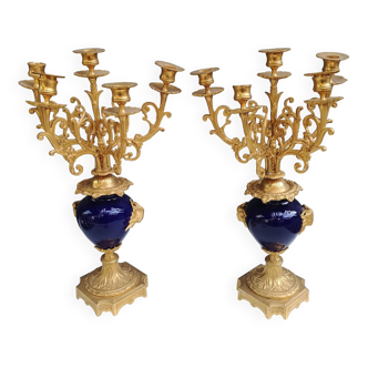 Paire de bougeoirs Bronze doré Porcelaine bleu de Sèvres