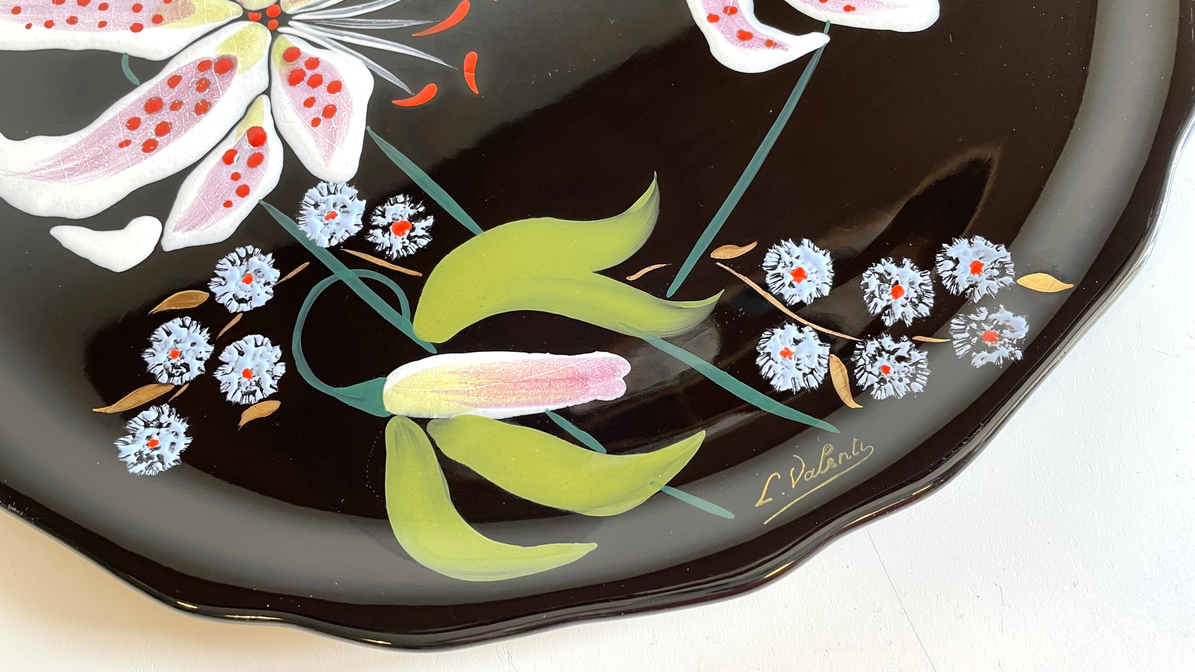 LONGWY PLATTER WITH LILIES signed L. VALENTI
