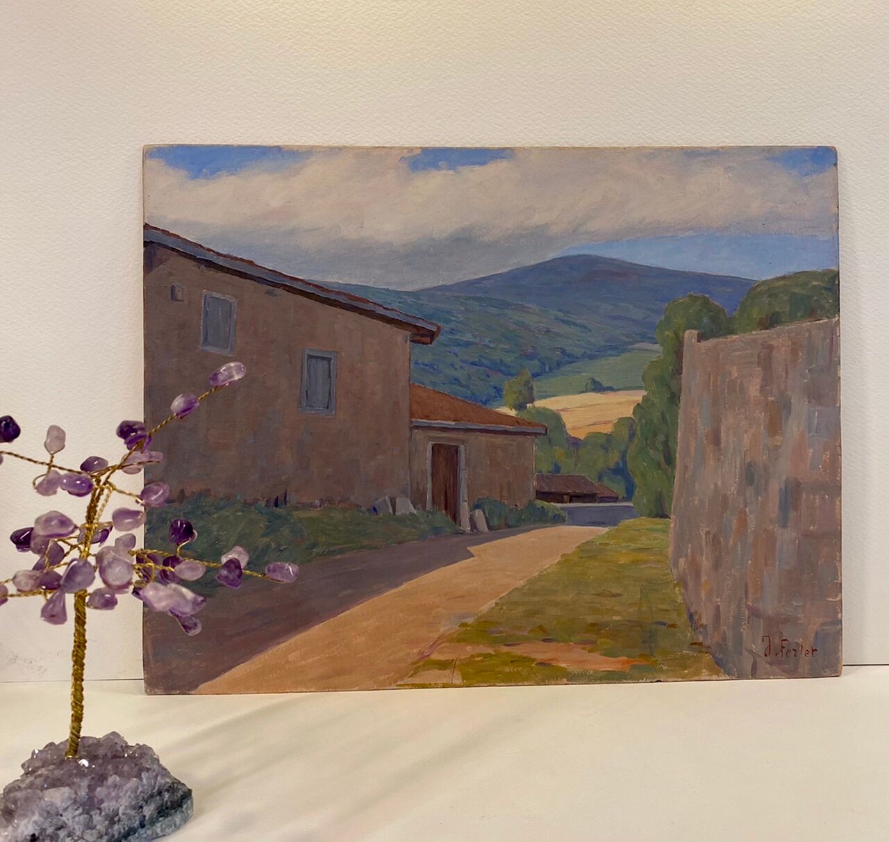 Old painting, Landscape Monts du Lyonnais, signed and dated 1946