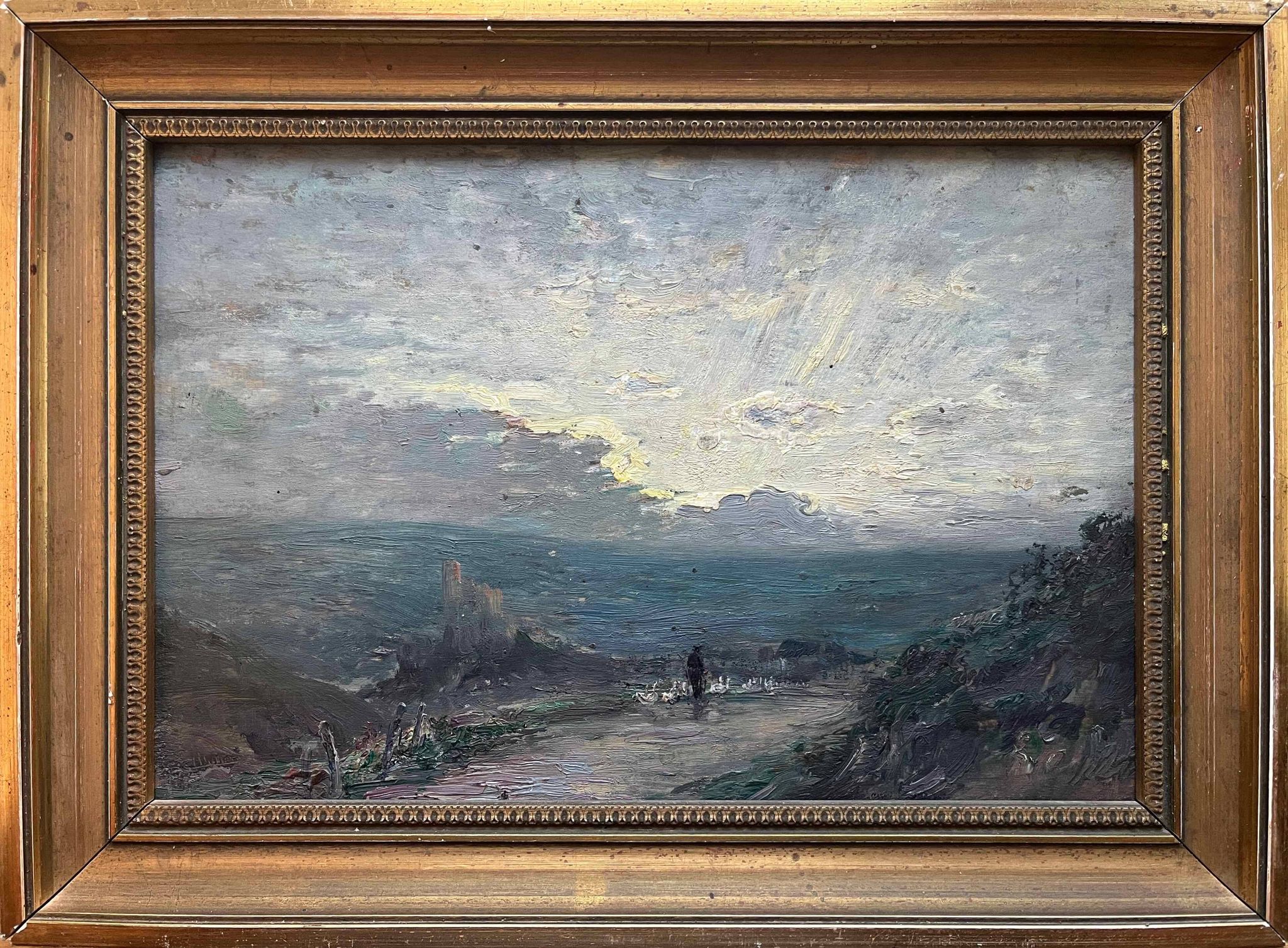 HSP painting "Shepherd with geese at dusk" attr. HL Foreau (1866-1938)