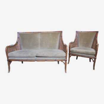 Sofa and rattan armchair circa 1970