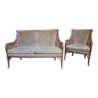 Rattan cane sofa and armchair circa 1970