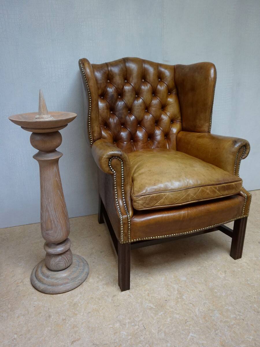 Vintage Cognac Leather Wingback Chesterfield Armchair, England 1940s
