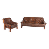 Brutalist leather sofa and armchair set, 1970s