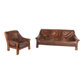 Ensemble canapé et fauteuil brutaliste en cuir, années 70