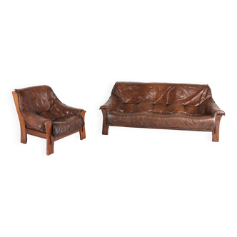Brutalist leather sofa and armchair set, 1970s