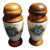 Pair of vintage ceramic and wood salt and pepper shakers