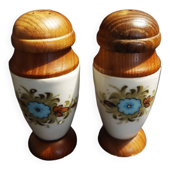 Pair of vintage ceramic and wood salt and pepper shakers