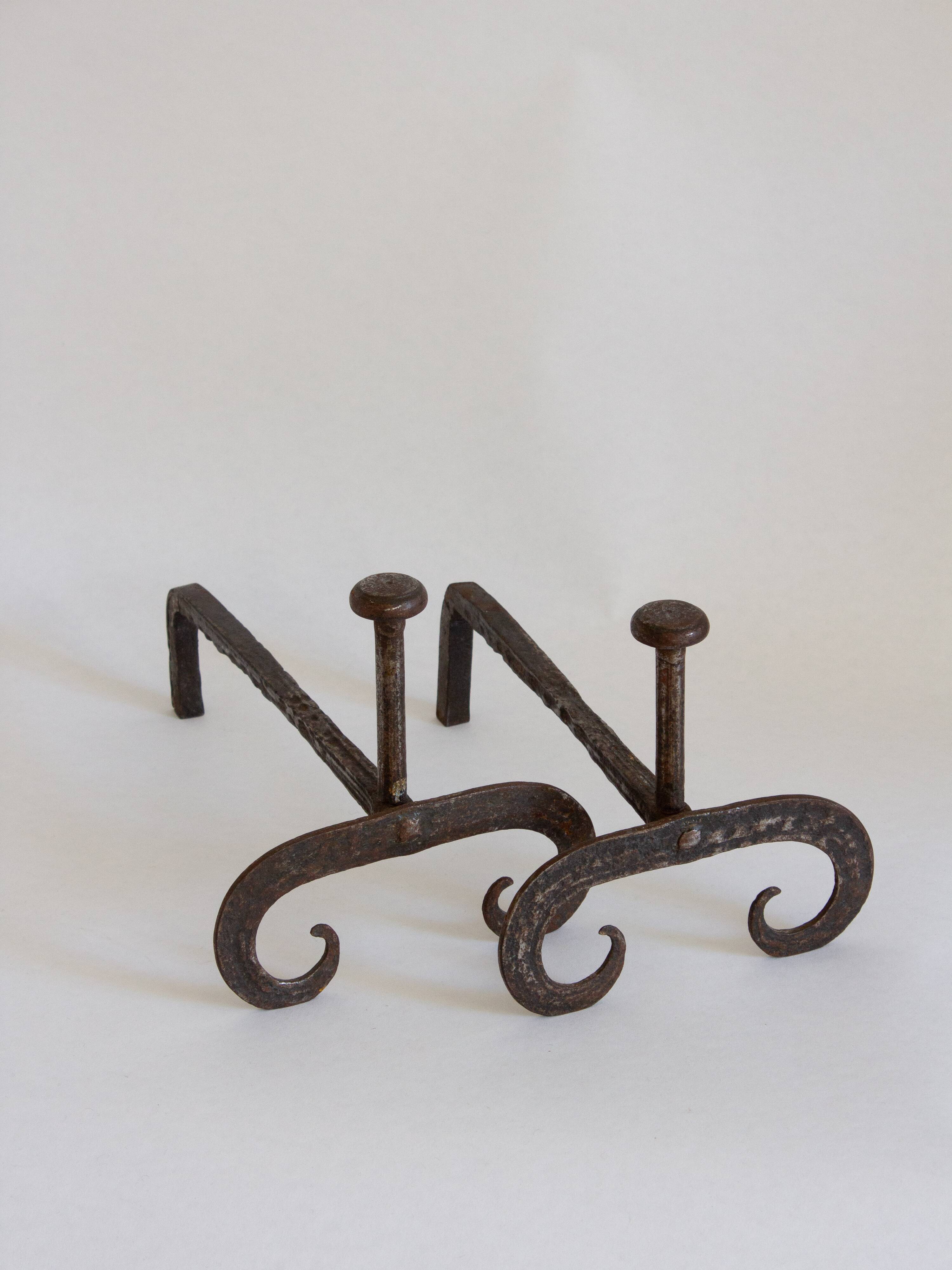 Pair of wrought iron fire dogs, Handmade, Early 20th century