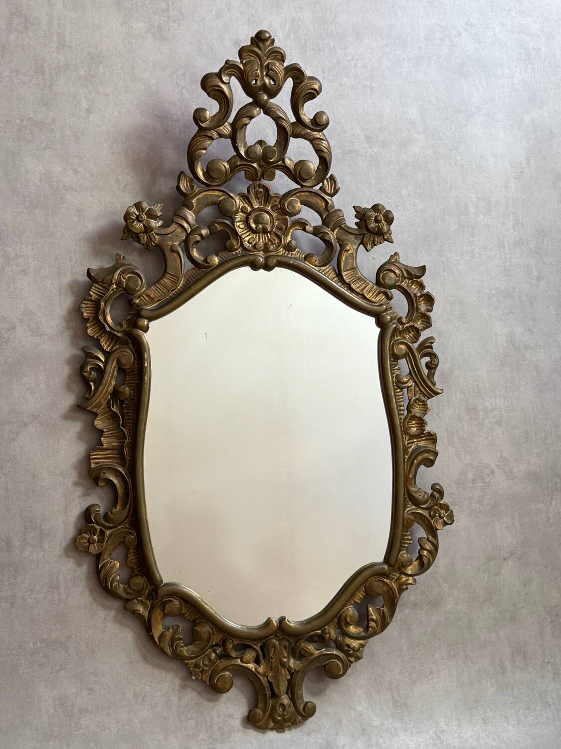 Golden wooden mirror in Baroque style from the 1950s, France.