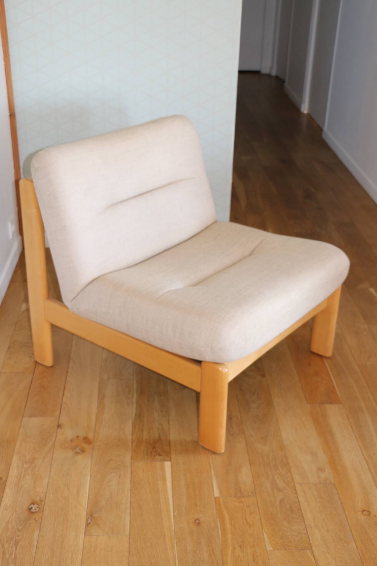 Pair of wood and fabric lounge chairs, 1980