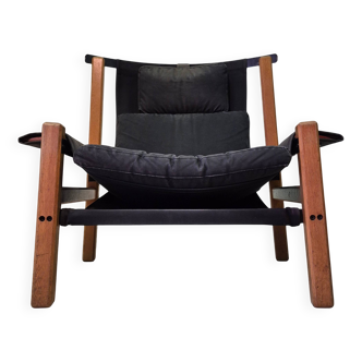 Chaise longue de design constructiviste en bois, métal et toile, Pays-Bas 1960