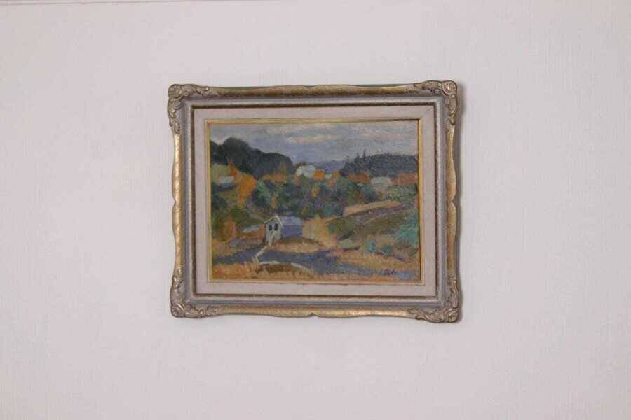 Original mid-century Swedish oil on panel – “Landscape with House” – vintage & framed – 42 × 52 cm (16.5" × 20.5")