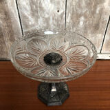 Old centerpiece cut art deco glass + foot silver metal vintage #a285