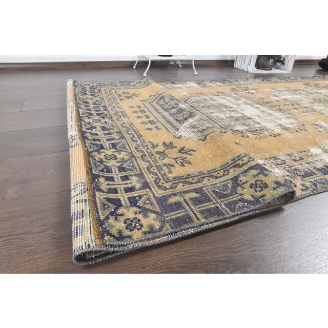 1970s Turkish Hand-Knotted Yellow Wool Runner Rug 111x341