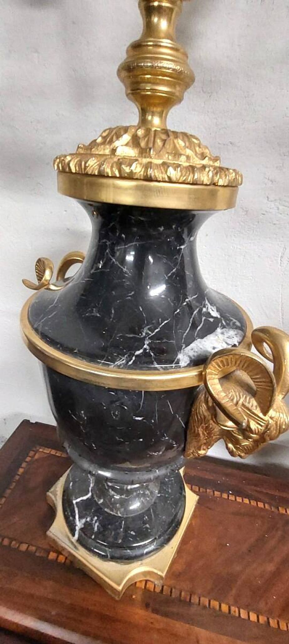 Antique Lumi pair of large marble and mercury-gilt bronze candelabras
